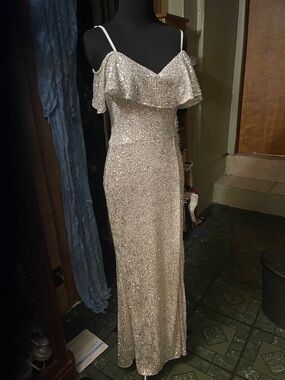 Silver Sequin Ruffle-Detail Maxi Dress with Spaghetti Straps